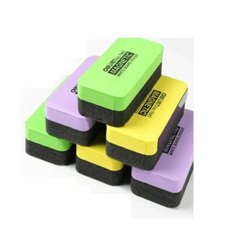 Stack of colorful magnetic whiteboard erasers with foam for chalk and dry erase boards