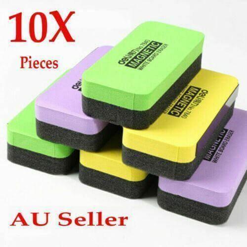 Pack of 10 colorful magnetic whiteboard erasers stacked on a white background