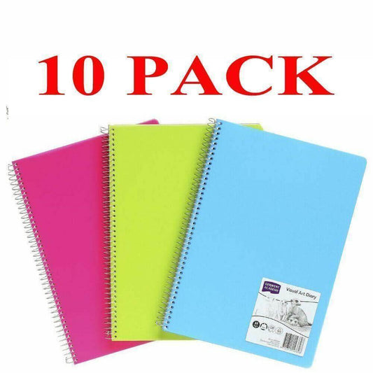 10 pack of A4 spiral-bound visual art diaries in pink, green, and blue covers
