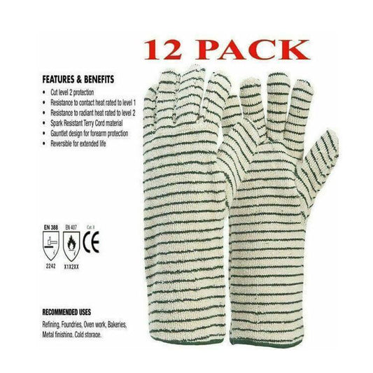 12 pairs of striped terrycord gauntlet gloves for heat, cut, and spark protection