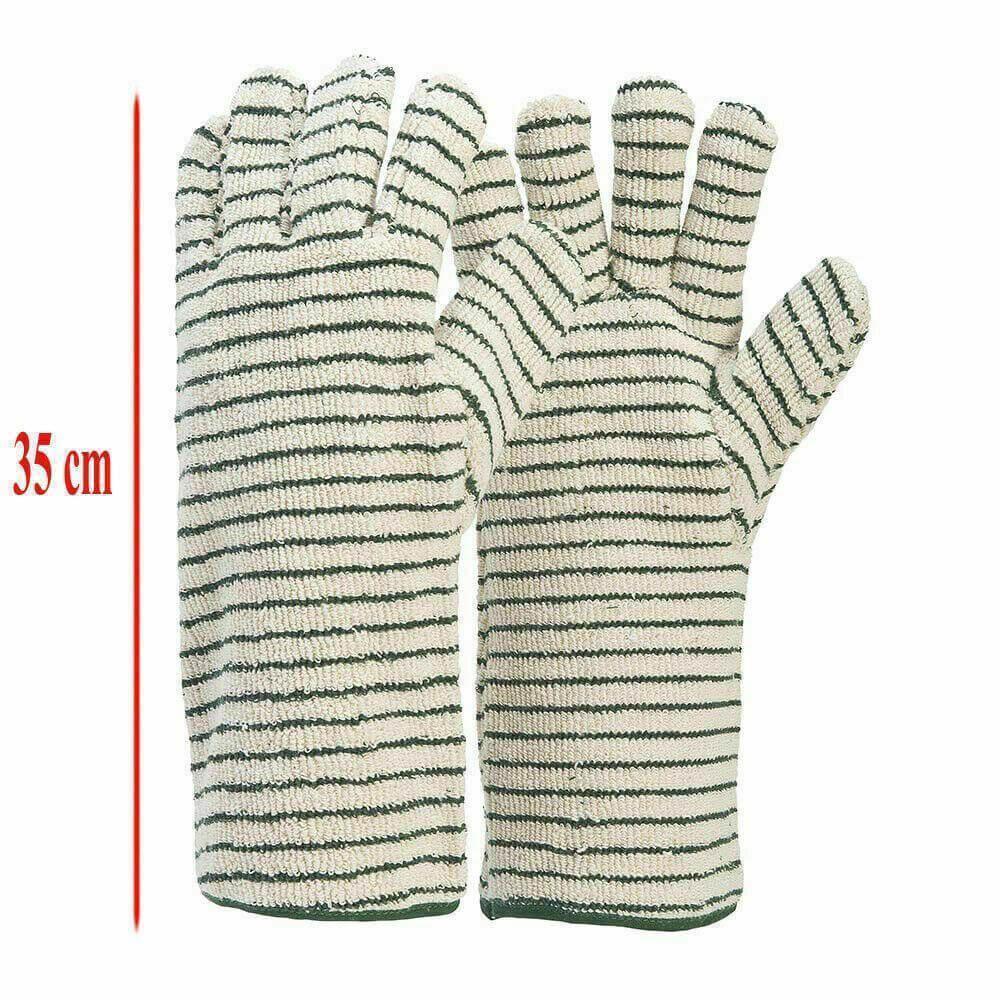 Pair of striped terry oven gloves, 35 cm length, protective workwear for bakeries.