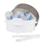 Baby bottle sterilizer with clear bottles and tongs, ideal for infant care essentials