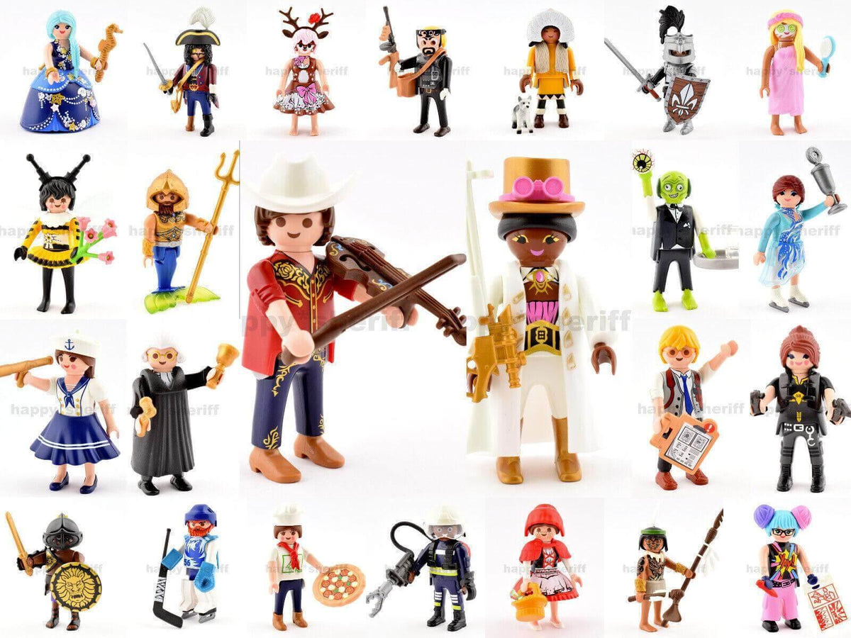 Assorted Playmobil figurines featuring diverse characters like cowboys, knights, and chefs for imaginative play