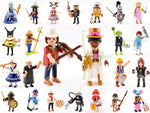 Assorted Playmobil figurines featuring diverse characters like cowboys, knights, and chefs for imaginative play
