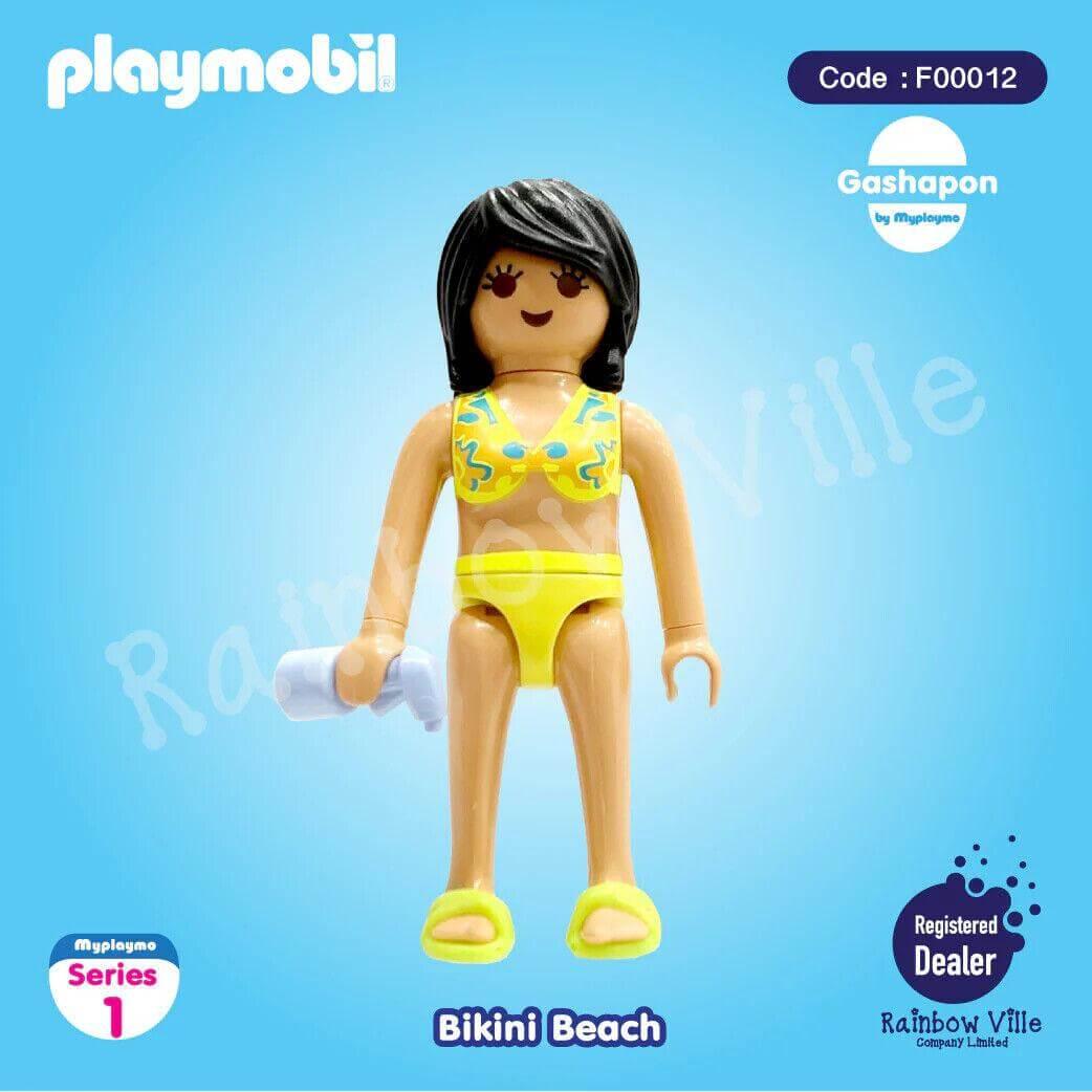 Playmobil Bikini Beach figure in yellow swimsuit holding towel, Series 1 collectible toy