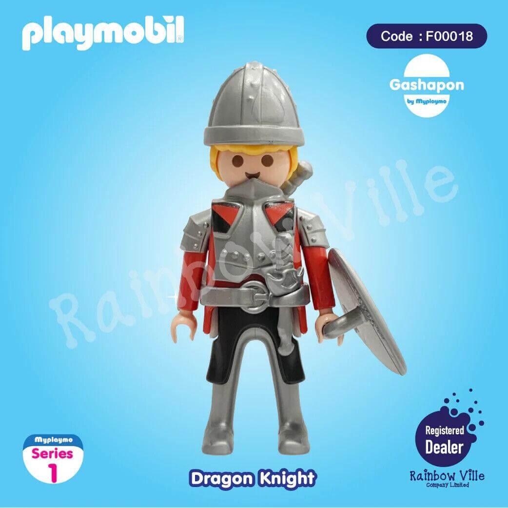 Playmobil Dragon Knight figure in silver armor with red accents holding a shield