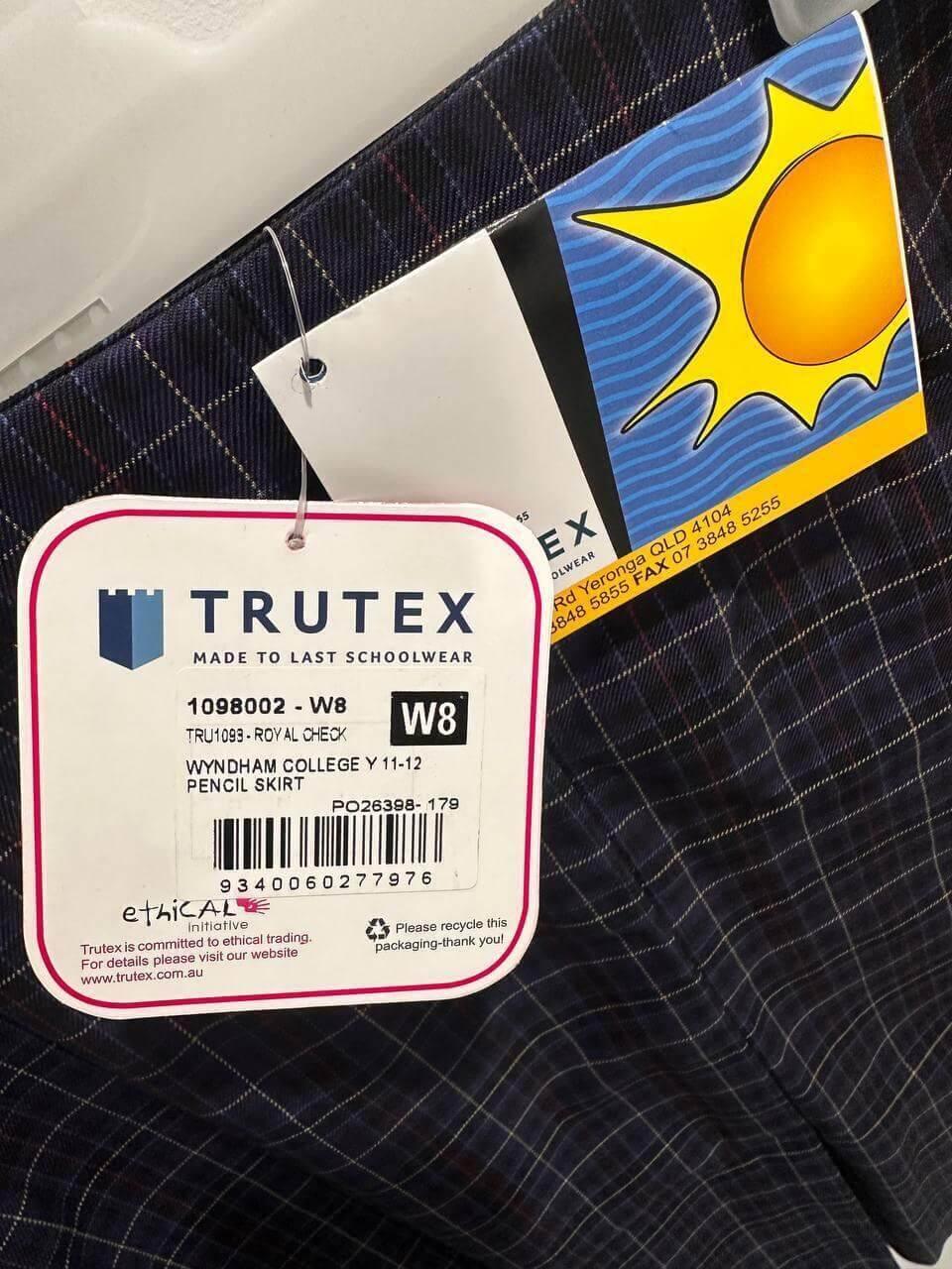 Trutex royal check pencil skirt tag for Wyndham College, schoolwear with ethical initiative label