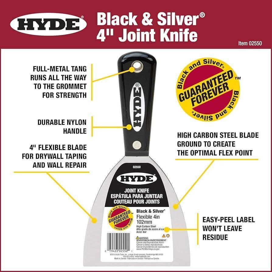 HYDE Black & Silver 4" Joint Knife with durable nylon handle, flexible blade for drywall, and guaranteed forever warranty
