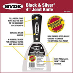HYDE Black & Silver 4" Joint Knife with durable nylon handle, flexible blade for drywall, and guaranteed forever warranty