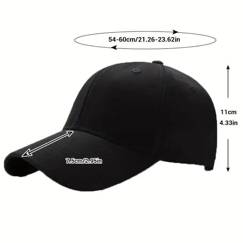 Black baseball cap with dimensions: 54-60cm head circumference, 11cm height, 7.5cm brim