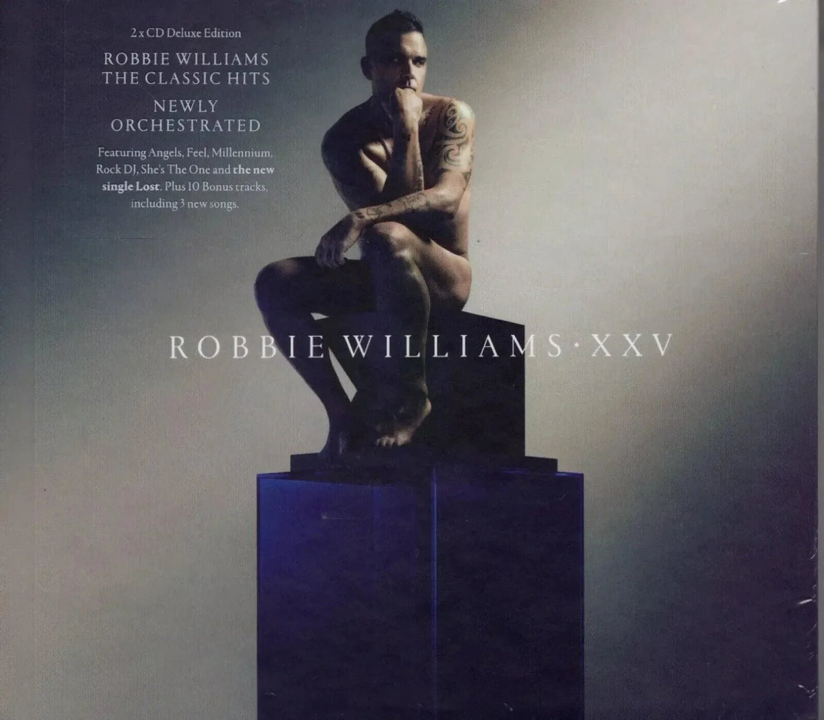 Robbie Williams XXV Deluxe Edition CD cover featuring classic hits newly orchestrated, bonus tracks