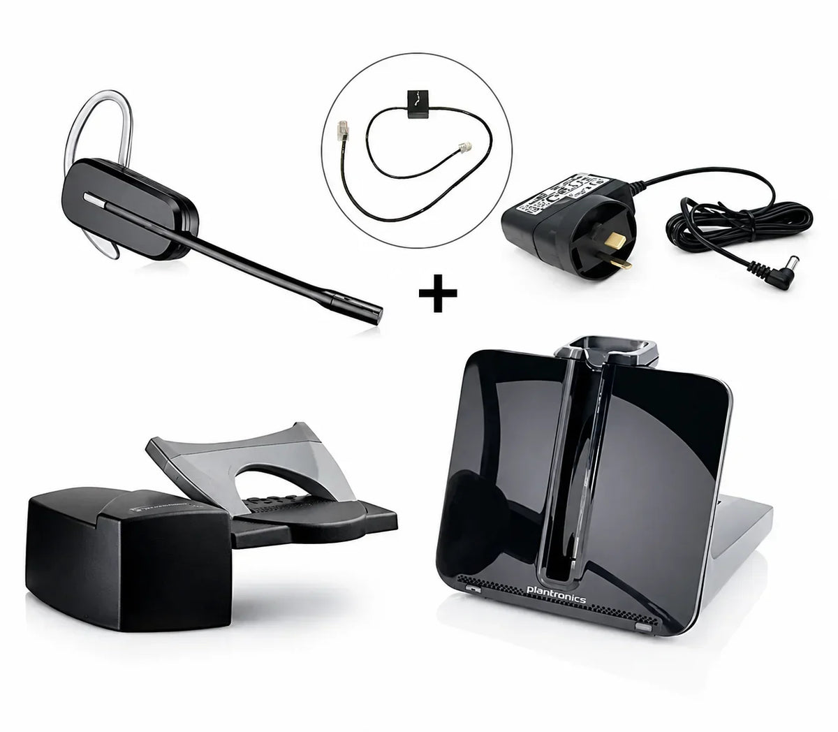 Plantronics office phone headset with charging base and power adapter for business communication