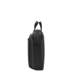 Black laptop briefcase with top handle and side pockets for office workwear or business travel