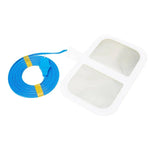 Blue coiled cable with connector and white dual-pad electrode for TENS unit therapy