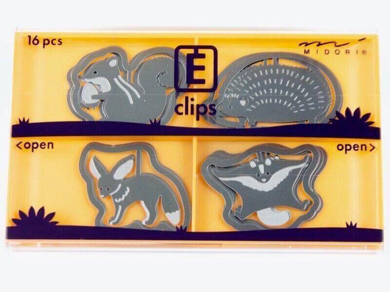 Set of 16 animal shaped steel office paper clips in carry case, including squirrel, echidna, and other animals.