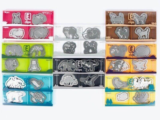 Assorted animal-shaped metal office paper clips in colorful packaging, 16 pieces per box.