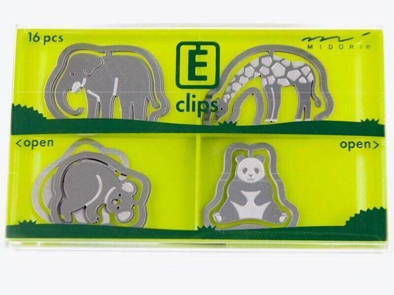 Set of 16 animal-shaped metal paper clips featuring elephant, giraffe, koala, and panda designs