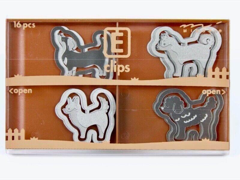 Set of 16 animal-shaped steel paper clips in a brown plastic office clip organizer