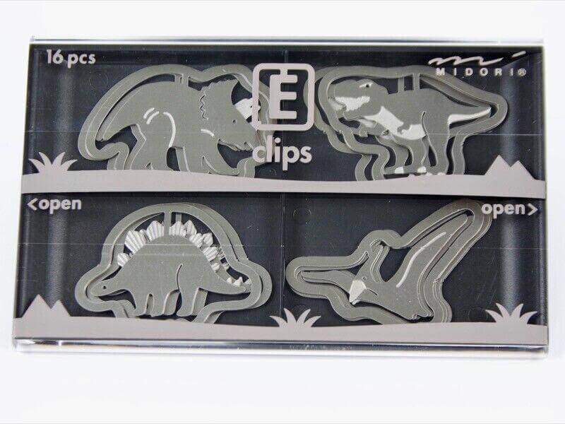 Set of 16 metal dinosaur-shaped paper clips in office stationery packaging