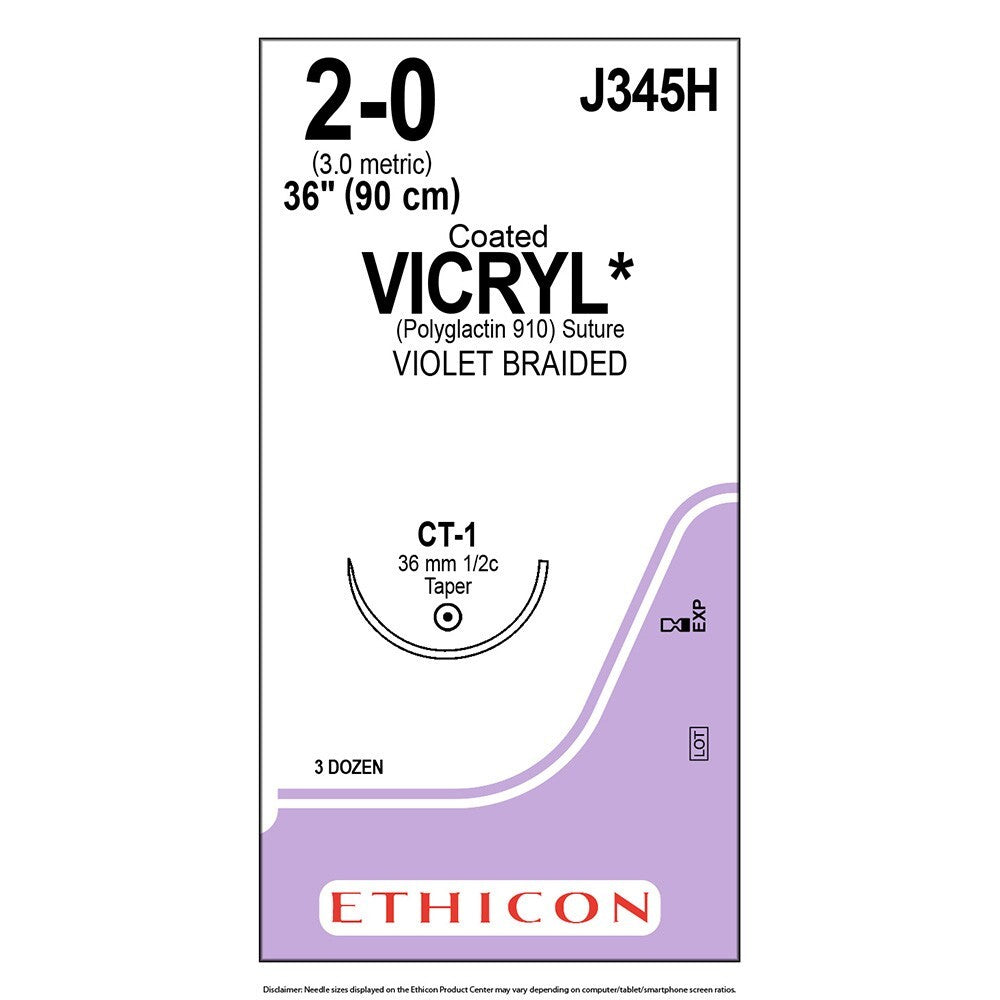 Ethicon COATED VICRYL J345H Suture 2-0 / 36MM / 1/2C / 90 CM BOX36 ,EX 8/2026