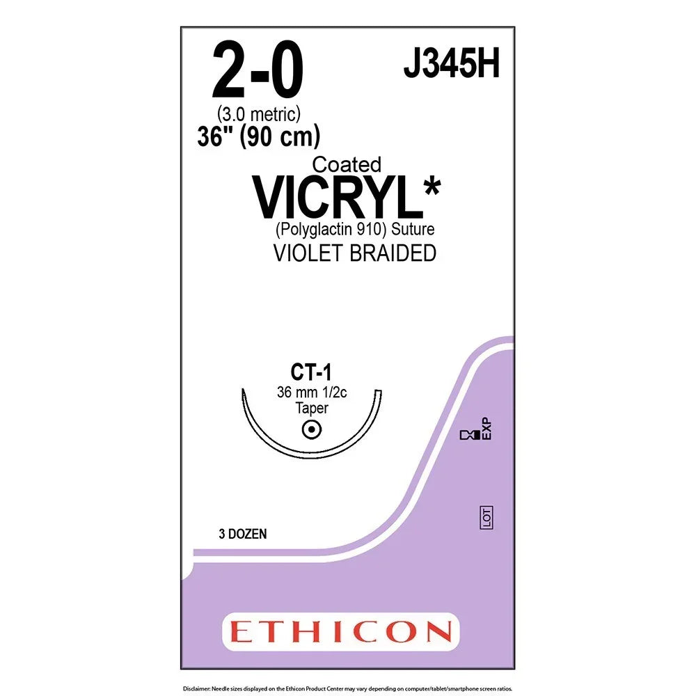 Ethicon COATED VICRYL J345H Suture 2-0 / 36MM / 1/2C / 90 CM BOX36 ,EX 8/2026