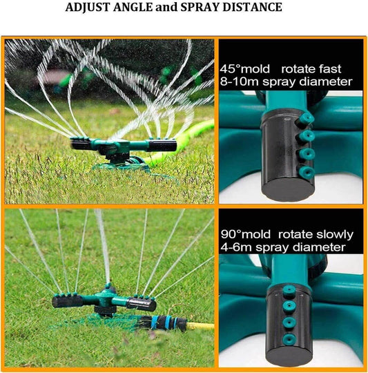Adjustable garden sprinkler with 45° and 90° spray settings for lawn watering
