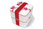 White bento box with cherry blossom design and red strap