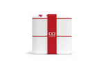 White Monbento bento box with red strap and logo, minimalist design for lunch storage