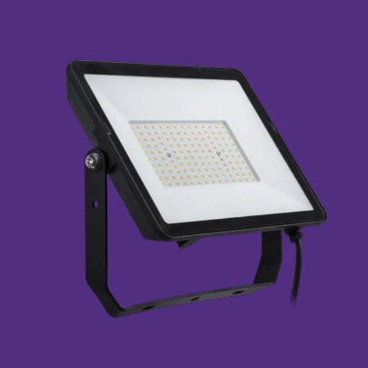 Black LED floodlight with grid of bulbs, mounted on bracket against purple background