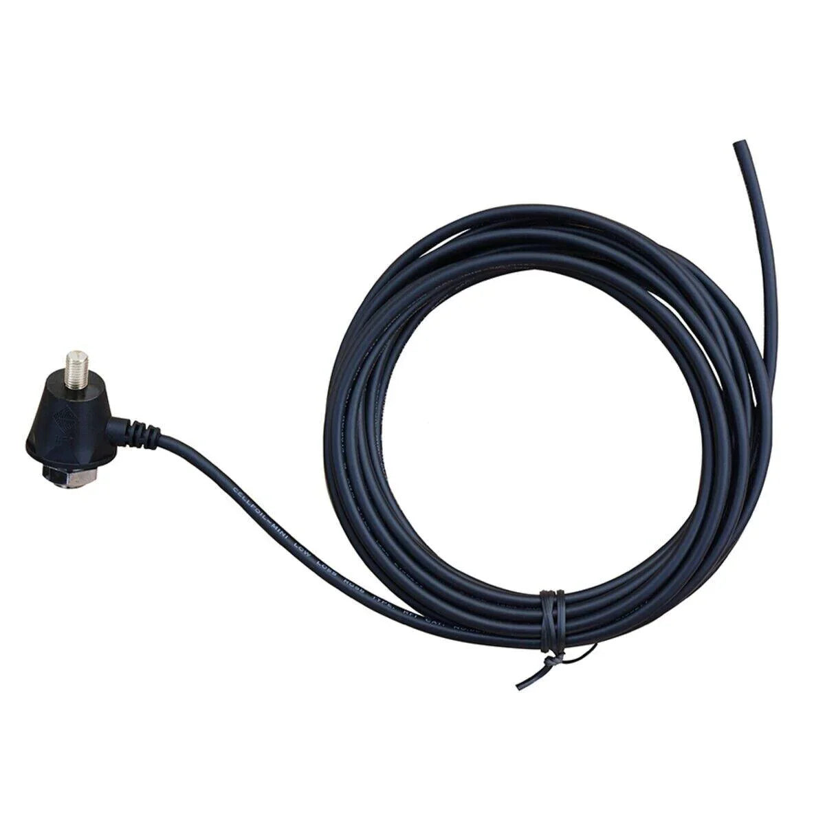 Black coaxial cable with connector, coiled and secured for easy handling