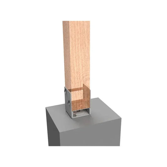 Wooden post secured with metal bracket on concrete base