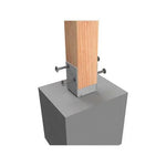 Wooden post secured with metal bracket and screws on concrete base