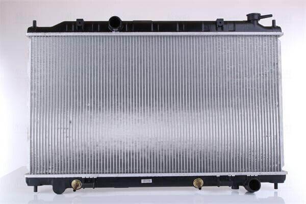 Silver automotive radiator with black frame and brass fittings for vehicle cooling systems