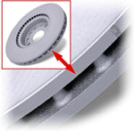Gray tractor brake disc with detailed edge view and red arrow highlighting texture