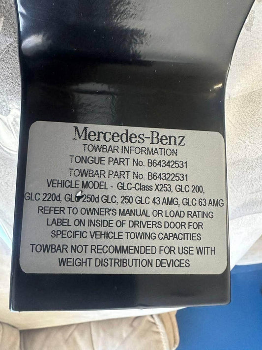 Mercedes-Benz towbar info label for GLC-Class models with part numbers and towing guidelines