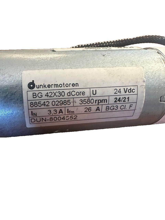 Dunkermotoren BG 42X30 dCore 24V DC motor with 3580 rpm, 3.3A, and 26A specs for industrial use