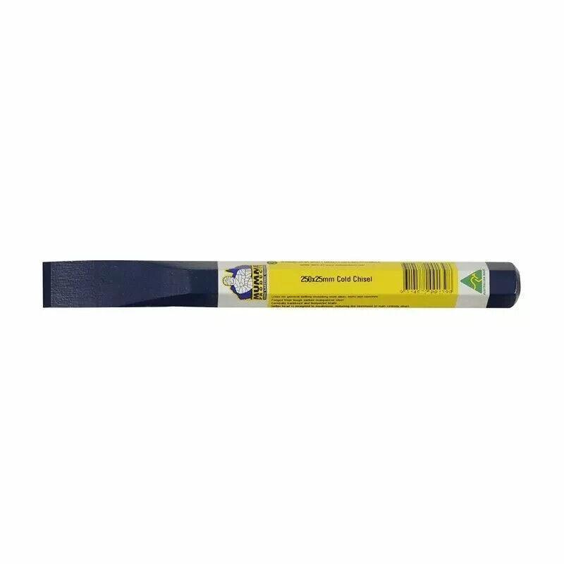250x25mm Cold Chisel for metalworking, durable tool with yellow label and blue handle