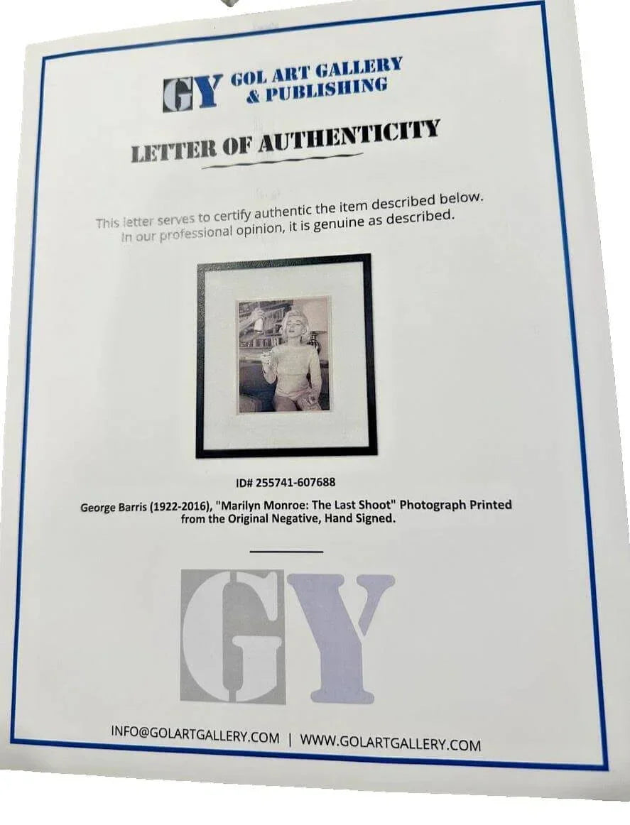 Authenticity certificate for George Barris Marilyn Monroe photo, hand-signed, from GY Gol Art Gallery