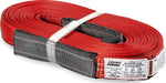 Red polyester flat eye web sling tow strap with black ends, labeled Factor 55 for heavy-duty towing