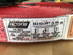 Factor 55 red polyester flat eye web sling, 92x30ft, rated for 6,200 lbs vertical lift, heavy-duty tow strap