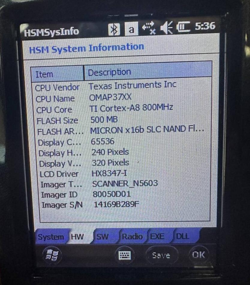 HSM System Info screen showing CPU, flash, display specs, and imager details on handheld device