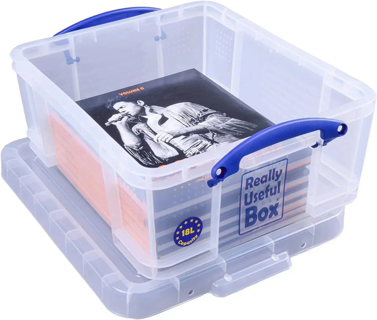 Clear 18L storage box with blue handles holding vinyl records, labeled 'Really Useful Box'
