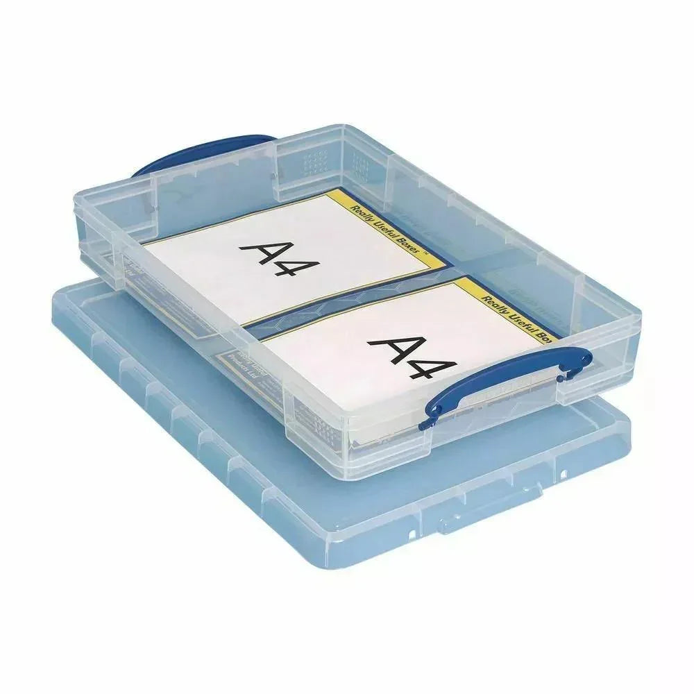 Clear A4 storage boxes with blue handles for office organization