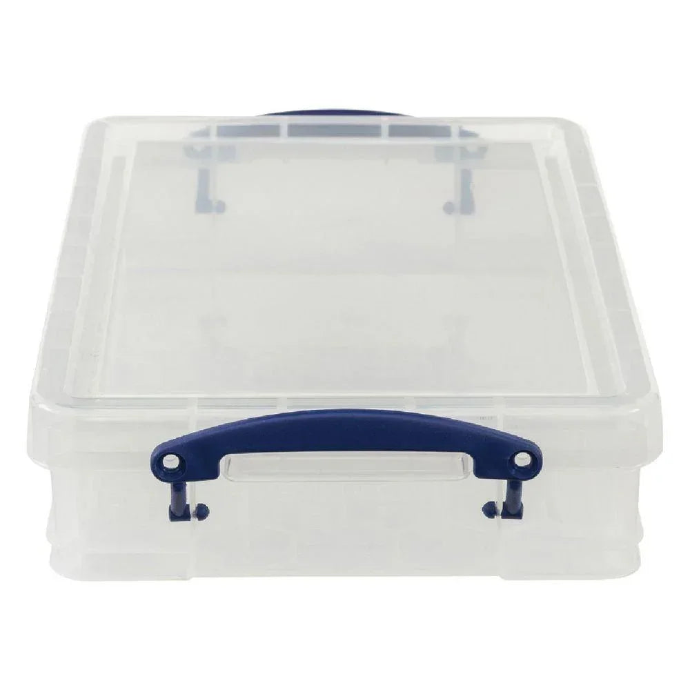 Clear plastic storage box with blue handle for organizing tools and parts