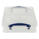 Clear plastic storage box with blue handle for organizing tools and parts