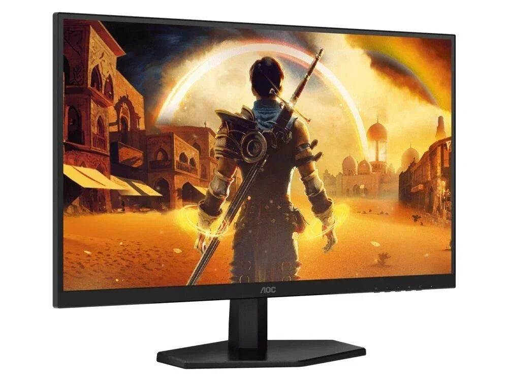 AOC gaming monitor displaying fantasy warrior scene, ideal for immersive gameplay and office use