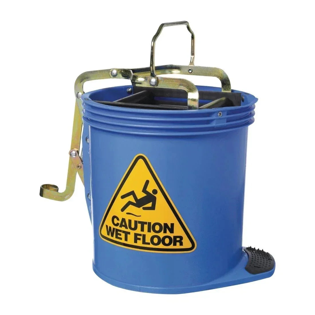 Blue mop bucket with caution wet floor sign and wringer