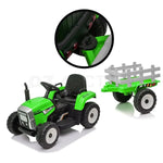 Green kids ride-on tractor with trailer, model MX-611, featuring black seat and white wheels