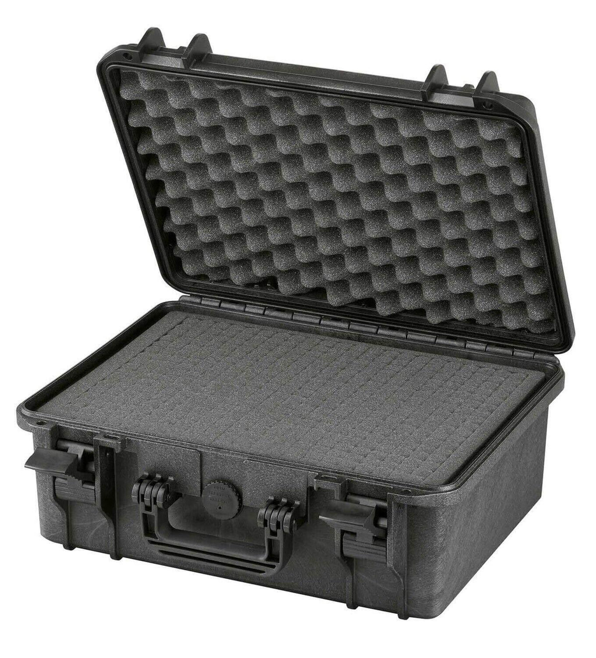 Durable black hard case with foam lining for tool or equipment storage