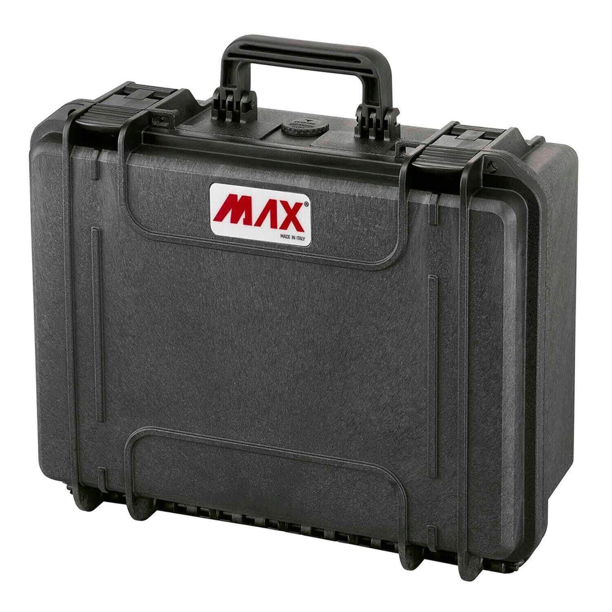 MAX brand heavy-duty black plastic tool case, made in Italy, with secure latches and handle